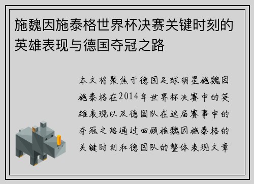 施魏因施泰格世界杯决赛关键时刻的英雄表现与德国夺冠之路