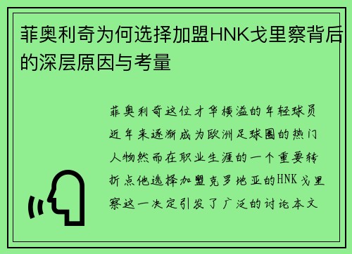 菲奥利奇为何选择加盟HNK戈里察背后的深层原因与考量